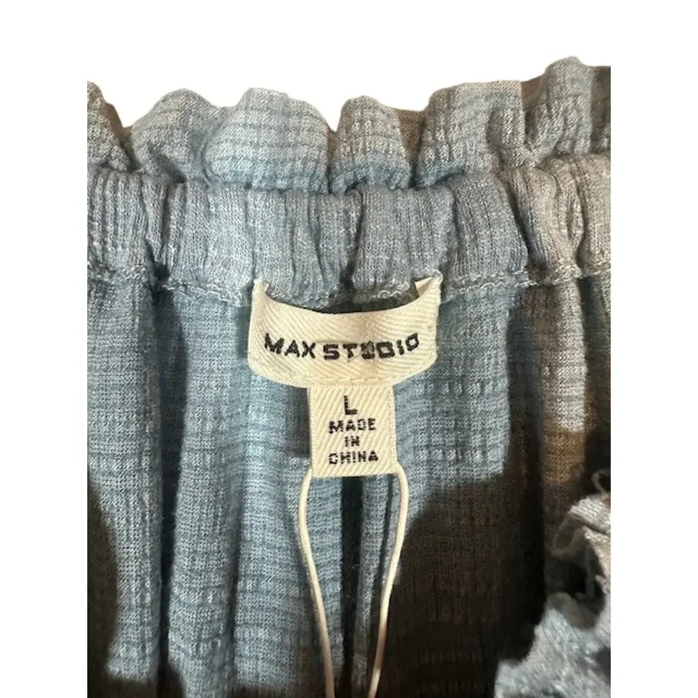 Max Studio Light Blue Short Sleeve Scrunched Wide Neck Blouse Women Sz L - Picture 6 of 9